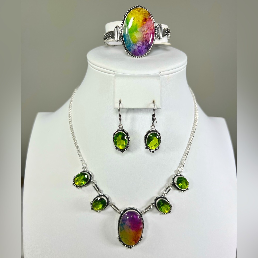 Rainbow Solar Quartz Peridot 925 Gemstone Necklace Bracelet & Earrings Set